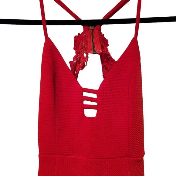 LF Rumor Boutique Asymmetrical Bodycon Wrap skirt Lace Backless Mini Dress - Red - Picture 2 of 8